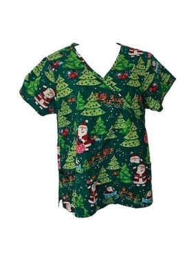Women's Comfy Cotton Christmas Scrubs Top M Green Red